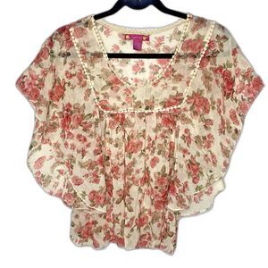 SUGAR 17 Blouse Floral Sheer Crochet Scoop Neck Cottage Boho Womens S Cream Pink